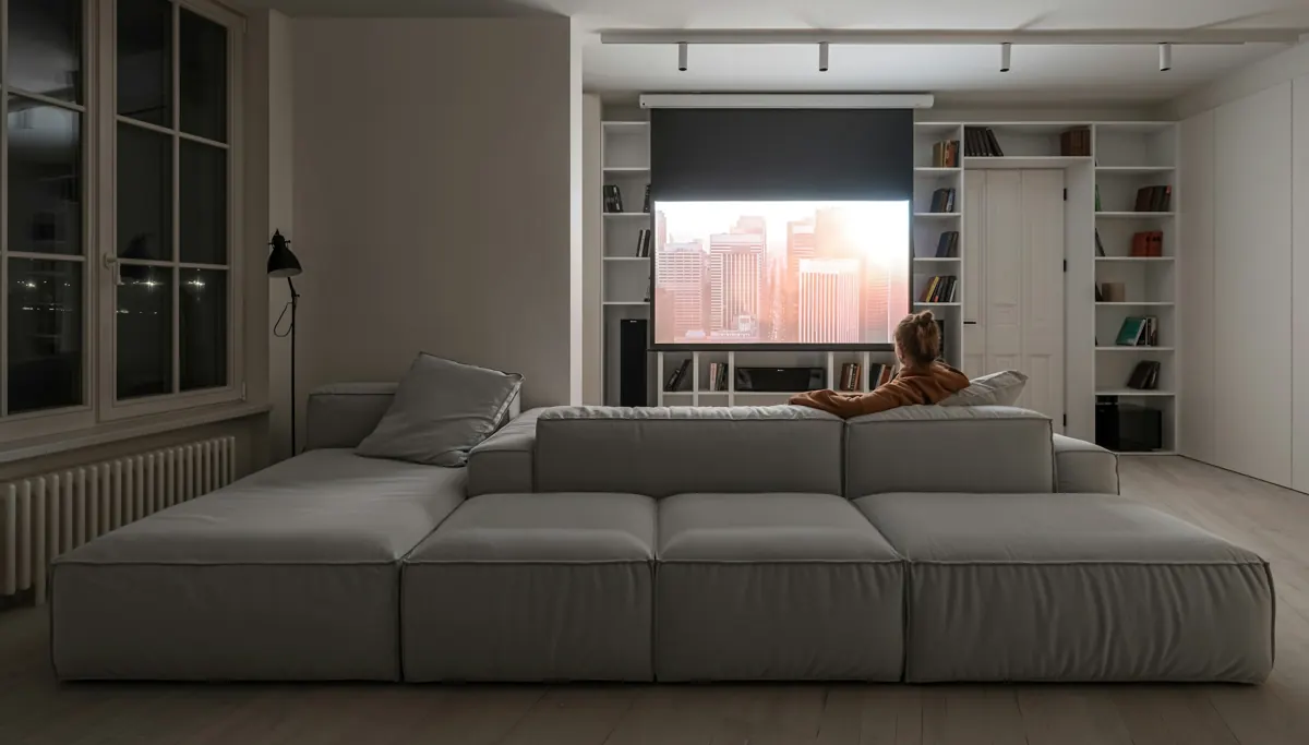 Living room at dusk with a long gray sofa facing a motorized projection screen set into white shelving